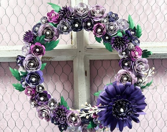 Handmade Paper Flower Wreath - with Multi Colored Rolled Flowers in Shades of Purples - Gift Idea, Wall Hanging, Decor, Bridal