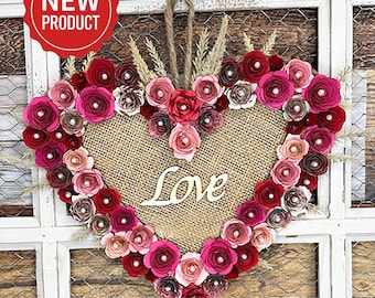 Handmade Paper Flower Wreath - with Red and Pink Rolled Flowers/burlap and wood "Love" sentiment - Gift Idea, Wall Hanging, Valentines Day