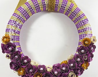 Handmade Paper Flower Wreath of Purple and Gold - Mardi Gras, Wedding, Bridal, Friendship, Decor, Other