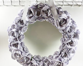 Handmade Paper Flower Wreath of Glitter White Roses 12"- Wedding Gift, Spring, Anniversary, Bridal