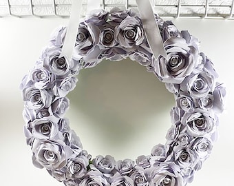 Handmade Paper Flower Wreath of Glitter White Roses 12"- Wedding Gift, Spring, Anniversary, Bridal
