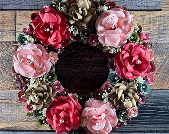 Handmade Paper Flower Wreath - with Multi Colored Rolled Flowers in Shades of Reds, Pinks and Gold - Gift Idea, Wall Hanging, Decor