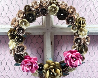 Handmade Paper Flower Wreath - with Multi Colored Rolled Flowers in Shades of Browns - Gift Idea, Wall Hanging, Decor, Bridal