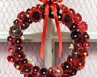 Handmade Paper Flower Wreath - with Red Rolled Flowers - Gift Idea, Wall Hanging, Decor, Bridal