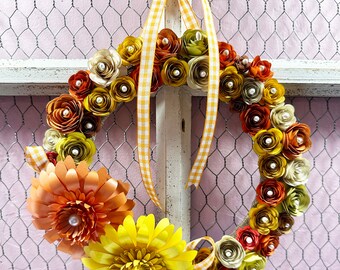 Handmade Paper Flower Wreath - with Yellow Gerbera Daisies and Rolled Flowers - Gift Idea, Wall Hanging, Decor, Bridal