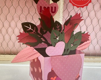 Valentines Day Box Card - Pink Hearts, I Love You, Roses