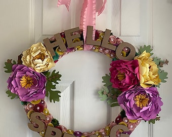Handmade Paper Flower Wreath 15"- with Peonies, and rolled flowers -Spring Decor "Hello Spring"