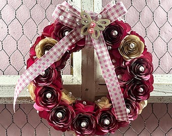 Mini Handmade Paper Flower Wreath - with Multi Colored Rolled Flowers in Shades of Pinks - Gift Idea, Wall Hanging, Decor