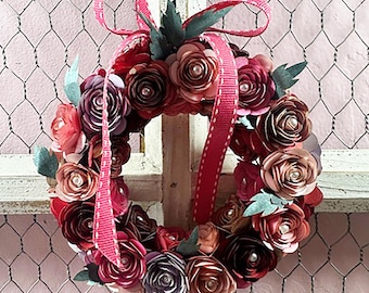 Mini Handmade Paper Flower Wreath - with Multi Colored Rolled Flowers - Gift Idea, Wall Hanging, Decor