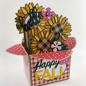 Pop Up Box Card - "Hello" Sunflowers in Basket, Handmade Greeting Card, Autumn, Fall
