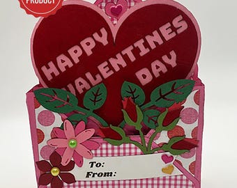 Pop Up Envelope Style Box Card - "Happy Valentines Day" Themed Dimensional Handmade Greeting Card