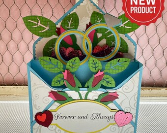 Pop Up Envelope Style Box Card - "Forever and Always", Wedding Themed Dimensional Handmade Greeting Card