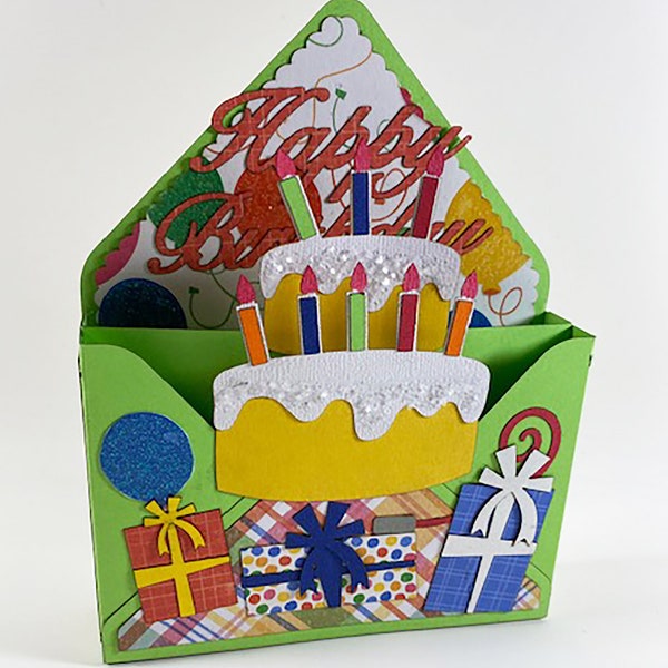 Pop Up Envelope Style Box Card - "Happy Birthday", Birthday Cake Dimensional Handmade Greeting Card