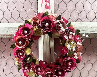 Mini Handmade Paper Flower Wreath - with Multi Colored Pink Rolled Flowers in Shades of Pinks - Gift Idea, Wall Hanging, Decor
