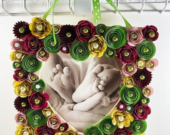 Home Decor/Picture Frame - Pinks and Green Rolled Flowers, Great Gift Idea
