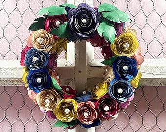 Mini Handmade Paper Flower Wreath - with Multi Colored Rolled Flowers - Gift Idea, Wall Hanging, Decor