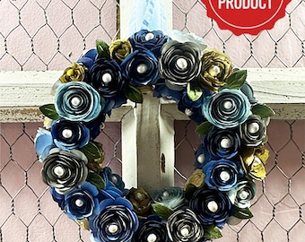 Mini Handmade Paper Flower Wreath - with Shades of Blue Rolled Flowers - Gift Idea, Wall Hanging, Valentines Day