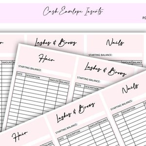 May include: Printable cash envelope inserts for budgeting. The pink and white printable sheets have the categories "Hair", "Lashes & Brows", and "Nails" with columns for date, description, amount, and balance.