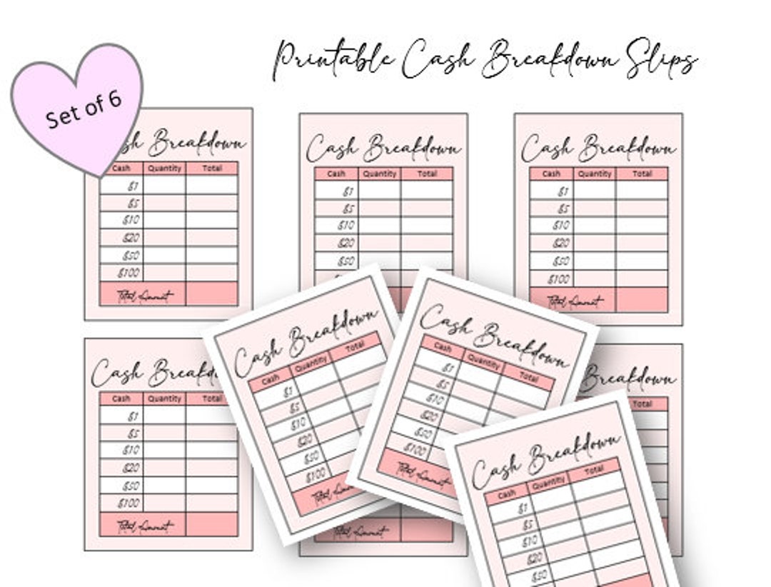 Printable Cash Breakdown Slips, Bank Deposit Slips Etsy