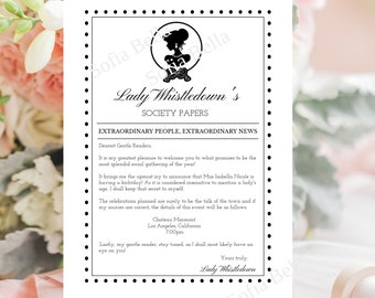 EDITABLE DOWNLOAD Lady Whistledown's Society Themed Template for Birthday, 5x7, Edit Online in Templett - PDF