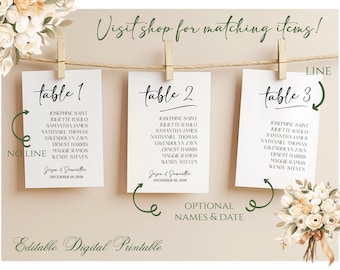 Seating Chart Printable Template, Editable Wedding Seating Chart, Table Numbers 5x7 Printable Wedding Table Numbers