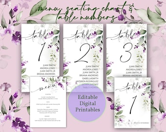 EDITABLE DOWNLOAD Wedding Table Numbers.  Printable Wedding Table Numbers, Seating Chart, Menu, Edit Online in Templett - PDF