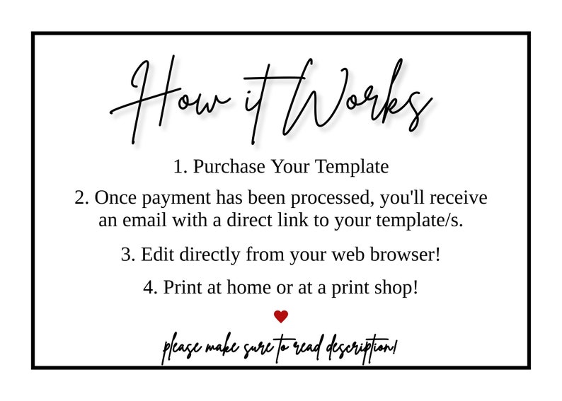 Pode incluir: Texto preto e branco em um fundo branco explicando como comprar e editar um modelo digital. O texto diz "How it Works" e inclui instru&ccedil;&otilde;es para comprar, editar e imprimir o modelo. O texto tamb&eacute;m inclui a frase "please make sure to read description!"