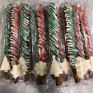 Chocolate Covered Pretzel Rods: Red & Green Holiday Sprinkles