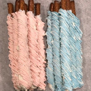 Chocolate covered pretzels, blue pretzels, boy birthday, Baby shower, bridal shower, wedding, Gender reveal, girl birthday, pink favors