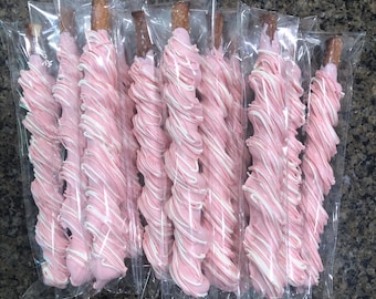Pink Chocolate Pretzels, baby shower, chocolate hearts