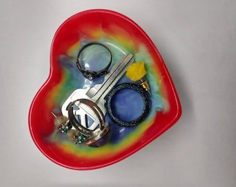 Rainbow Heart Trinket Dish Jewelry Ring Dish Epoxy Resin