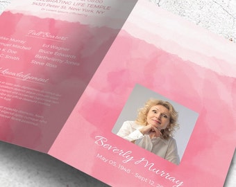 Pink Watercolor Funeral Program Template | Printable Memorial Program Editable with MS Word | Instant Download