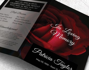 Red Rose Funeral Program, Memorial Card Template Editable with Word | Instant Download