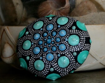 Blue Painted Rock Mandala Design Art, Dot Artwork Rock Meditation Stone, Mandala Art Tactile Worry Rock, Blue Teal Gift for Him Anniversary