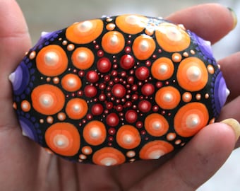 Mandala Gift for Her, Painted Rock Housewarming Gift, Red Orange Dot Art Stone, Boho Artwork, Bohemian Coffee Table Art, Hippie Painting