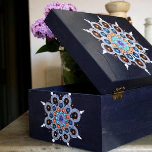 Hinged Lid Purple Wood Box 8.2&quot; x 4.2&quot; x 6.2&quot;, Purple Painted Box, Hindu Persian Mandala Storage Box, Boho Dot Art Mandala Design, Dorm Art