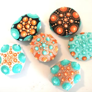 Mandala Pattern Art & Home Decor, Healing Meditation Stones Aboriginal Dot Art, Orange Turquoise Hand Painted Stones Gift Set of Six Stones