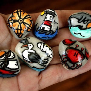 Hand Painted Beach Stones, Nautical Theme Beach Comber Pocket Stones, Small Painted Rock Art, Beach Lover Gifts, Painted Pebbles, Sailboats