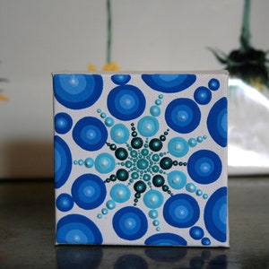 White Blue Teal Mandala Decor, Canvas Wall Art 4 x 4, Dorm Room Gift for Graduates, Wall Decor Acrylic Painting, Small Painted Canvas Art