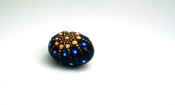 Mandala Design Blue Gold, Dot Art Painted Rock, Stone Mantel Decor Royal Blue, Small Pebble Decorative Shelf Art and Paperweight