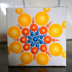 Canvas Wall Art 4 x 4, Dorm Room Gifts for Graduates, Small Painted Canvas Art, White Orange Blue Mandala Decor, Wall Decor Acrylic Painting