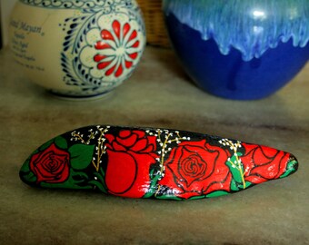 Red Roses Painted on Stone, Long Beach Rock Obelisk, Floral Bookshelf Accent, Colorful Desk Ornament, Red Black Mantel Decor, Garden Art