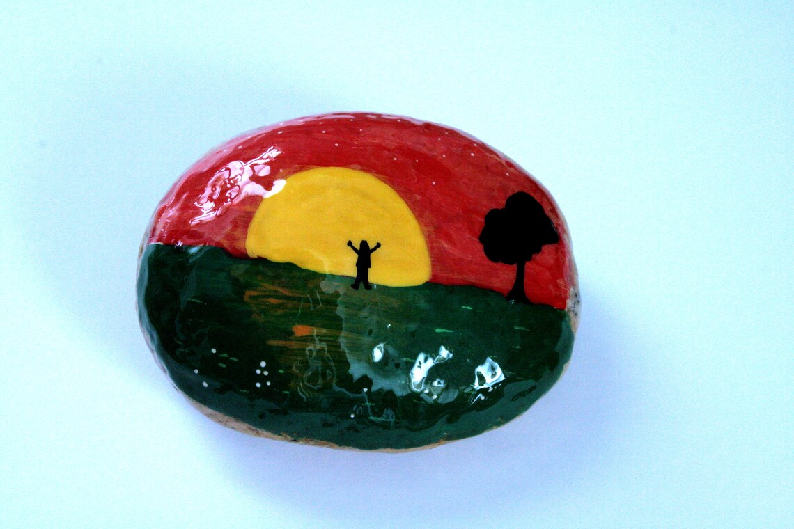 Large Painted Beach Rock Door Stop Sunset Painting Outdoor Etsy