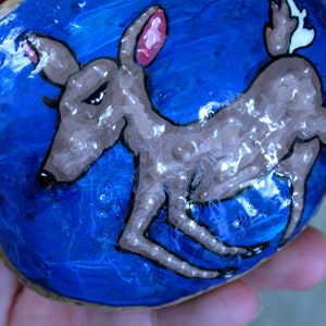 Large Painted Rock Deer Painting, Blue Garden Ornament Gifts for Her, Hand Painted Outdoor Art for Hunting Lodge, Fawn Artwork Gift Hunters