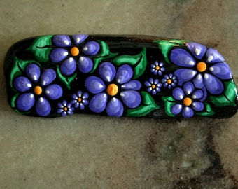 Purple Flowers Painted on Stone, Long Beach Rock Obelisk, Floral Bookshelf Accent, Colorful Desk Ornament, Purple Mantel Decor, Garden Art