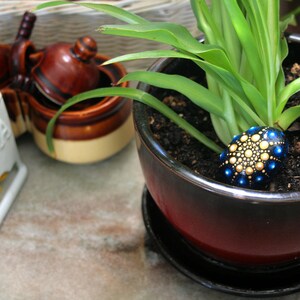 May include: A dark red and black ceramic planter containing a green plant and a small, smooth, oval-shaped stone decorated with a blue and gold mandala dot pattern. Nearby sits a white ceramic tea container and a brown ceramic condiment set.