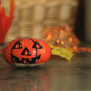 Jack-O-Lantern Orange Painted Rock, Pumpkin Painting Holiday Decor for Halloween, Thanksgiving Gift, Orange and Black Kitchen Decor