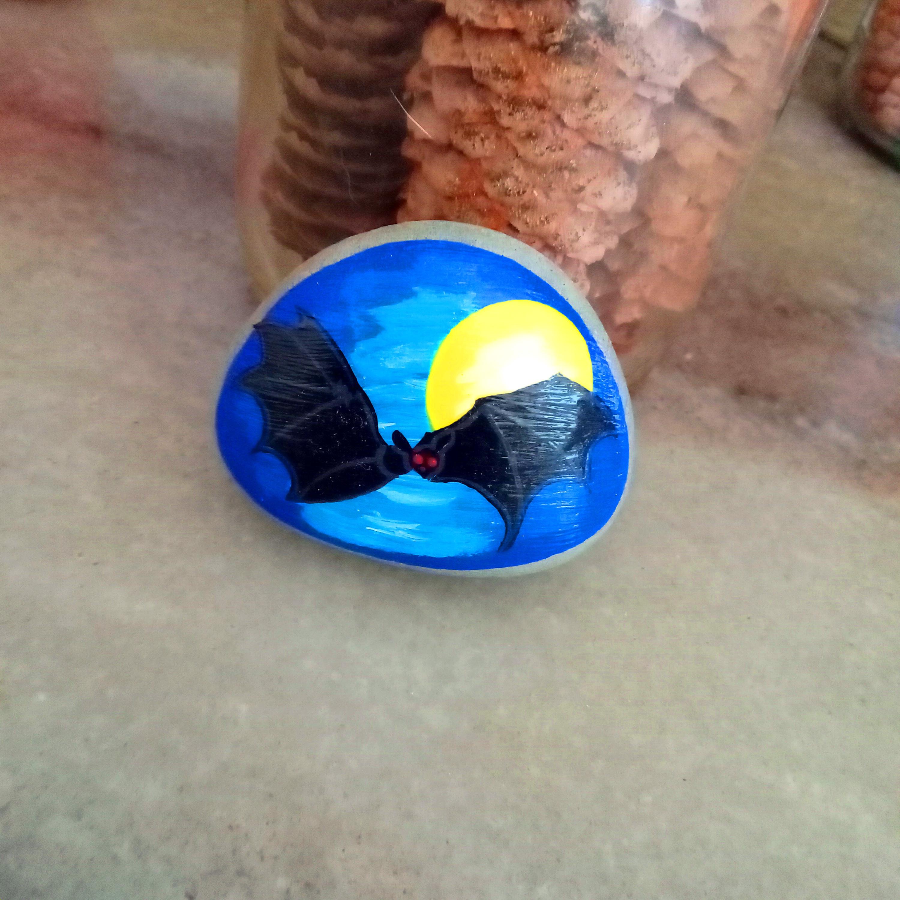 Black Bat Art, Painted Beach Rock, Spooky Halloween Bat and Moon ...