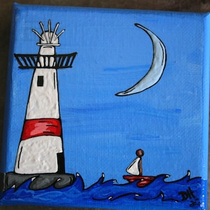 Lighthouse Wall Decor Acrylic Painting, Canvas Wall Art 4 x 4, Painted Canvas Art, Maritime Sailing Decor, Beach House Decor Art