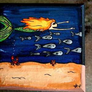 Mermaid Wall Decor Acrylic Painting, Canvas Wall Art 4 x 4, Stretched Canvas Panel, Beach House Decor Gifts for Marine Biologists